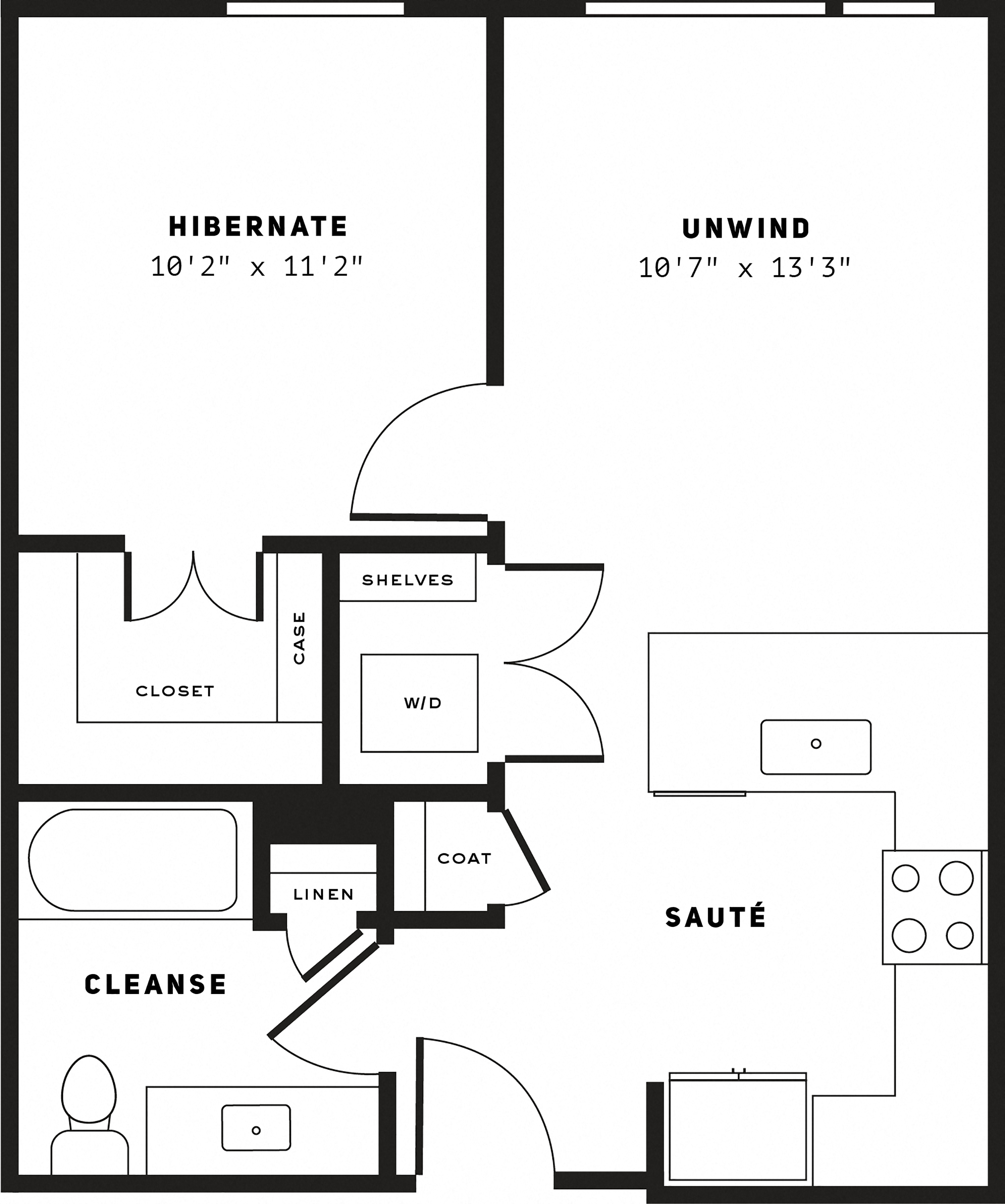 Floor plan for 1 bed, 1 bath, 583 sqft